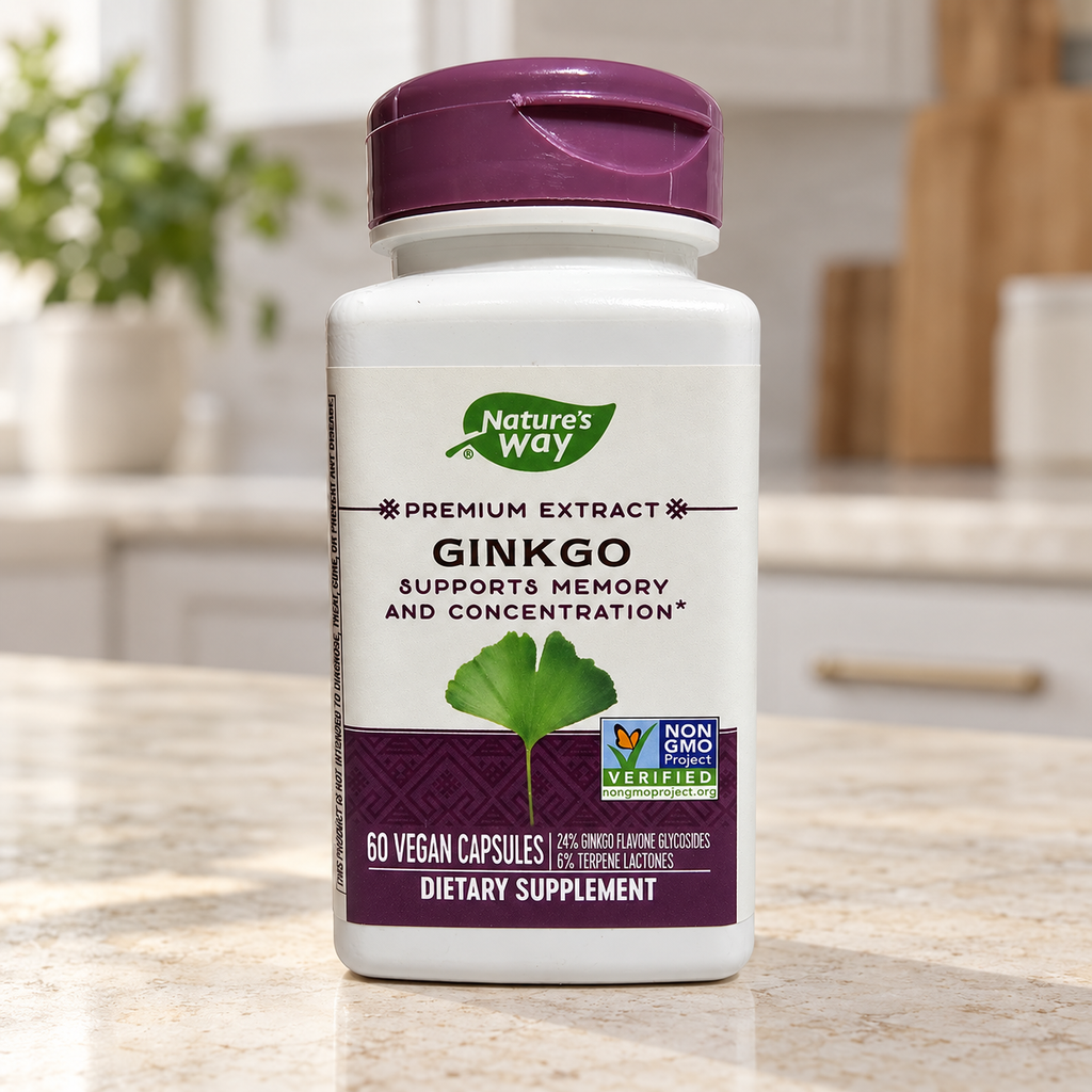 Nature’s Way Ginkgo Premium Extract 60-capsule bottle on a bright kitchen counter