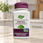 Nature’s Way Ginkgo Premium Extract 60-capsule bottle on a bright kitchen counter