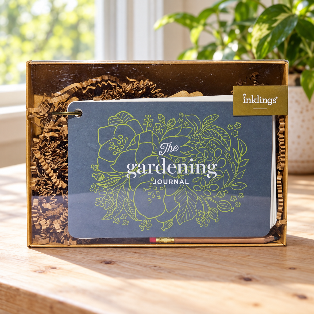 Inklings Paperie Gardening Journal kit box on a bright indoor planning table