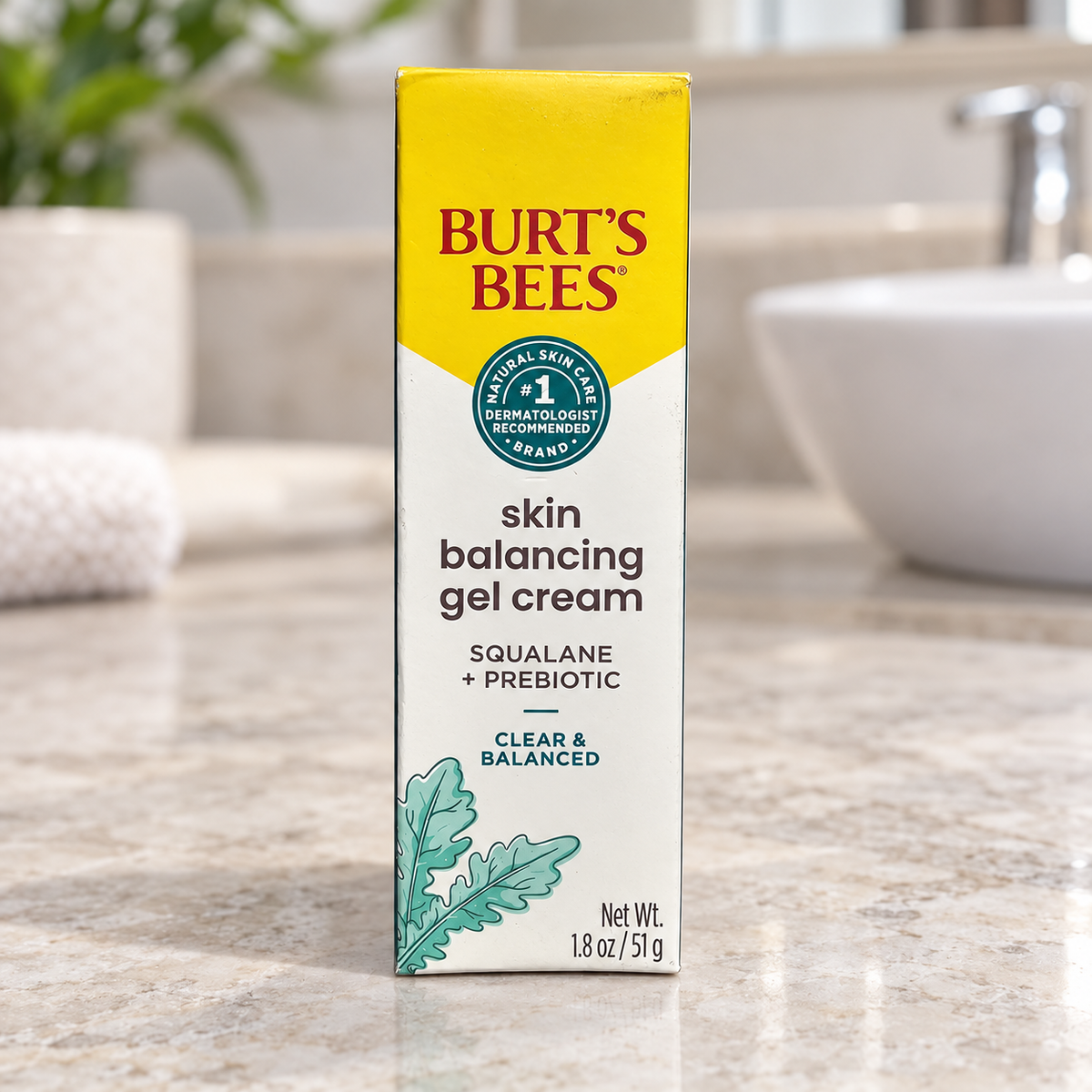 Burt's Bees Skin Balancing Gel Cream carton on a pale stone bathroom vanity