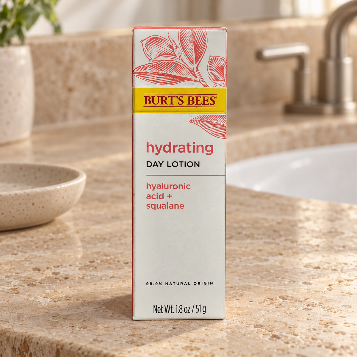 Burt's Bees Hydrating Day Lotion carton on a travertine vanity, AI-assisted illustration