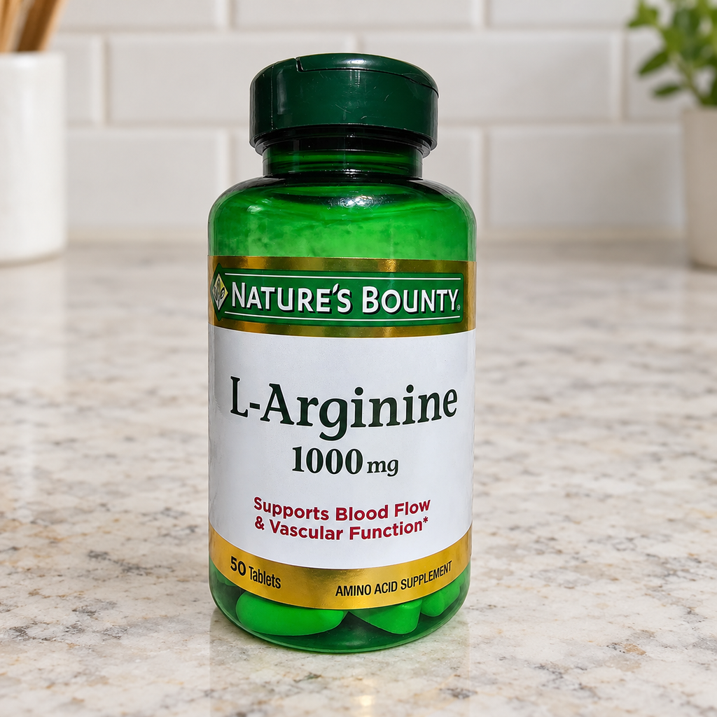 Nature's Bounty L-Arginine 1000 mg bottle on a pale stone kitchen counter