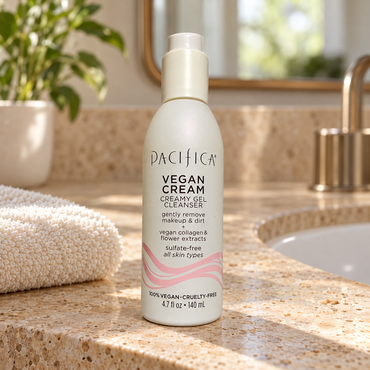 Pacifica Vegan Cream Creamy Gel Cleanser bottle on a travertine vanity beside a cream washcloth