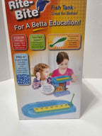 Penn-Plax Rite-Bite box side showing the manual feeding lid and two-color light features.