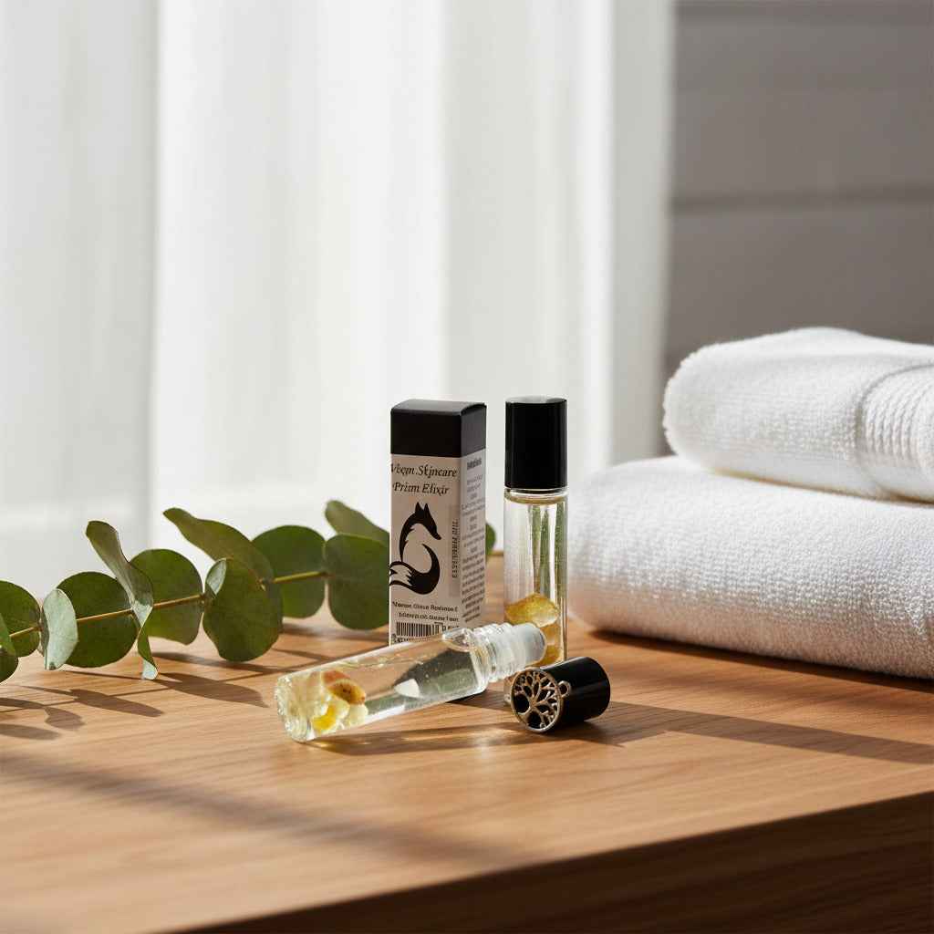 Vixen crystal essential oil roller bottle and packaging beside folded towels, showing the roll-on format