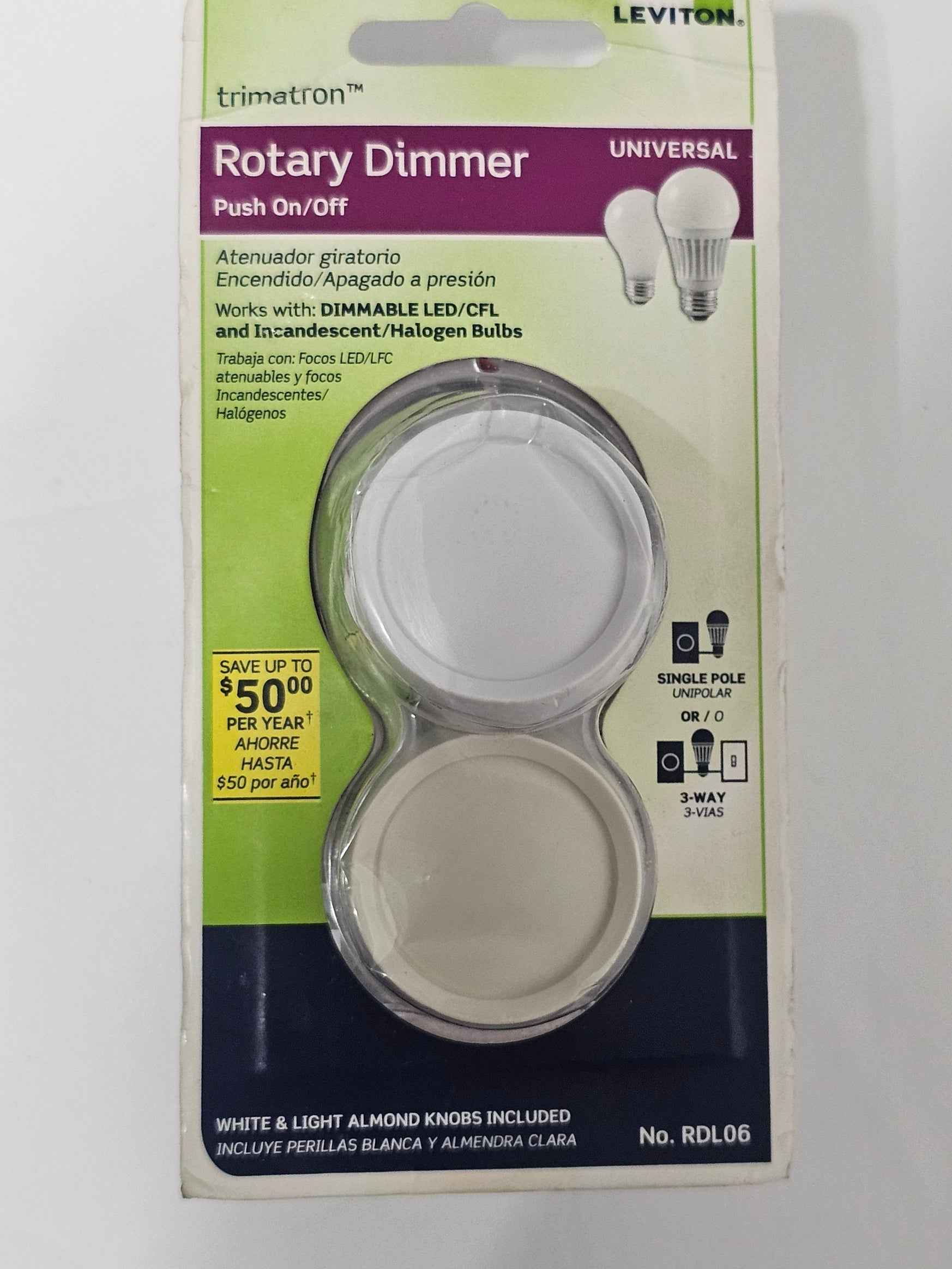 Leviton Trimatron Universal Rotary Dimmer (Push On/Off)