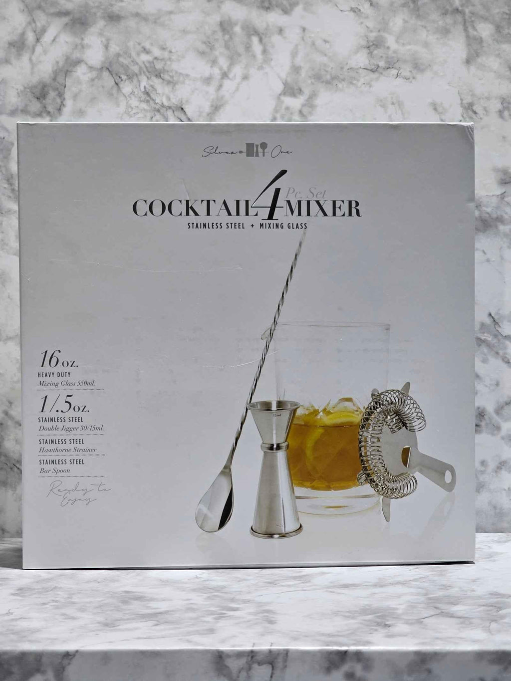 Silver One 4-Piece Stainless Steel & Glass Cocktail Mixer Set