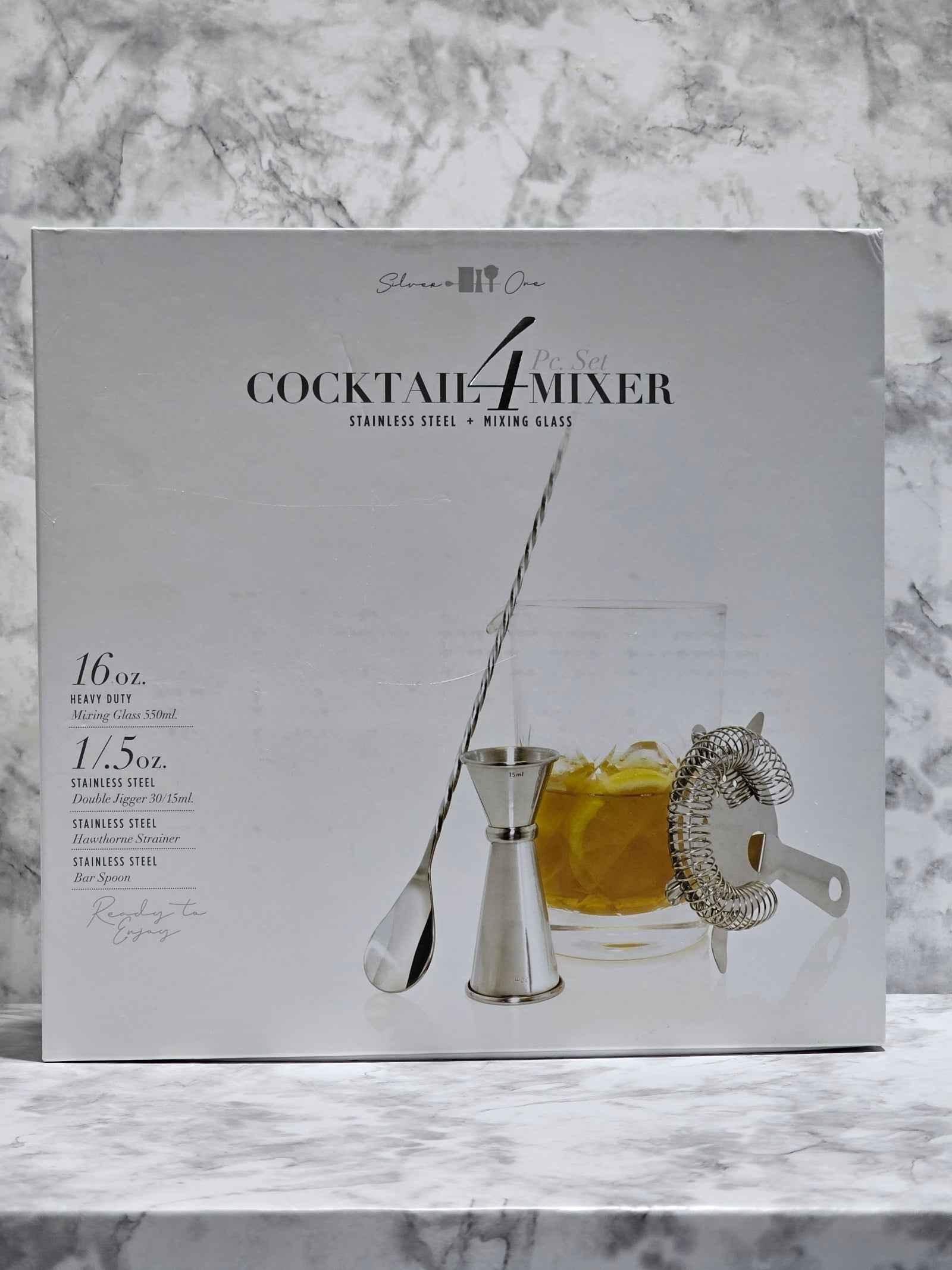 Silver One 4-Piece Stainless Steel & Glass Cocktail Mixer Set