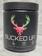 Black container with 'Bucked Up' logo on a gray background