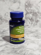 Bottle of Meijer house chestnut extract on a marble surface