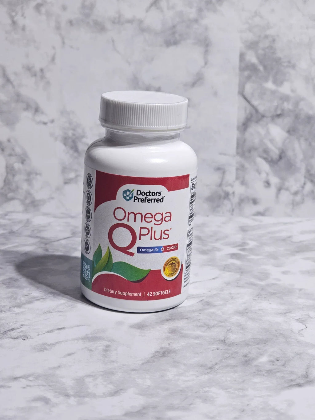 Omega supplement bottle on a marble surface
