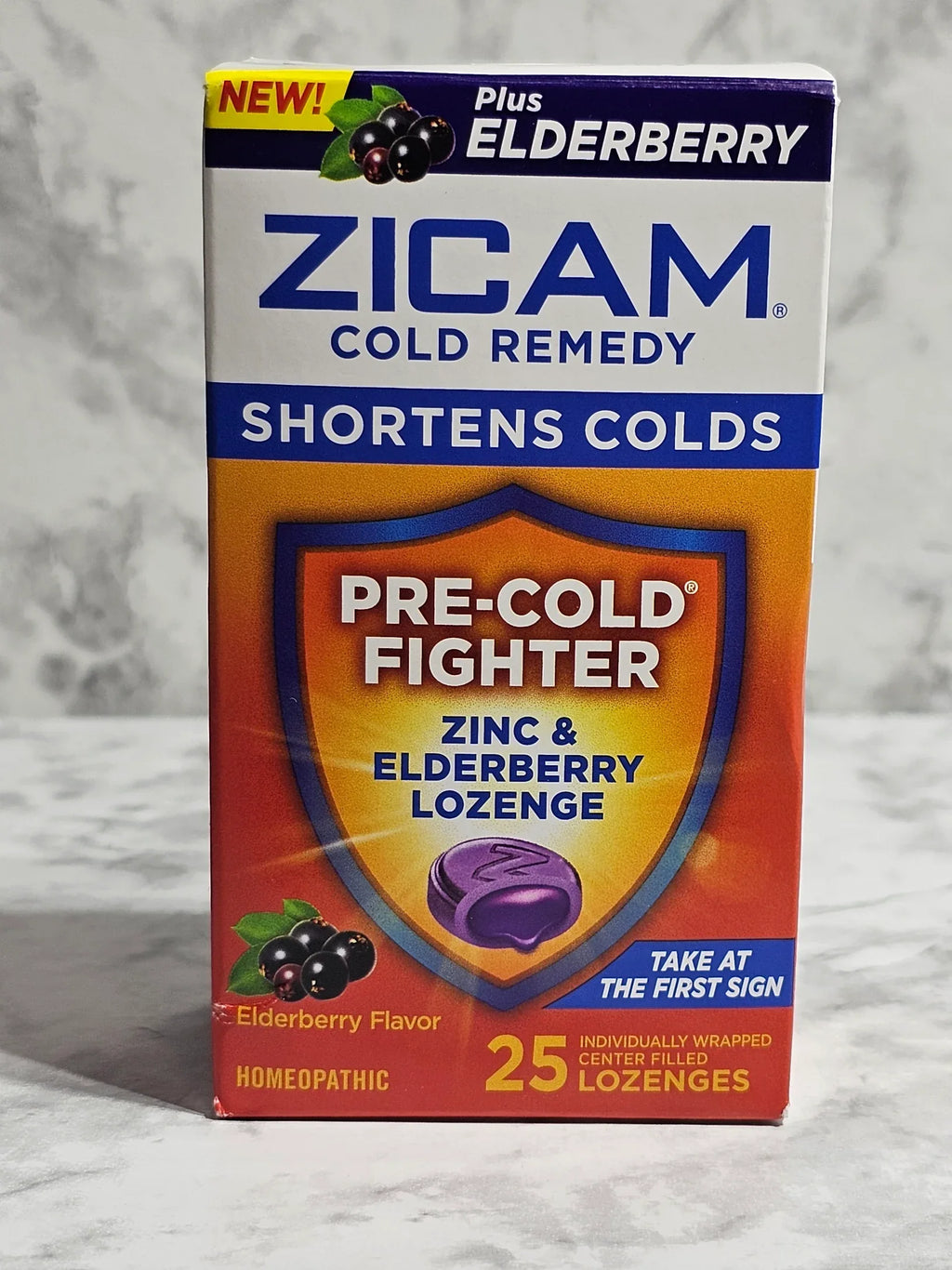 Zicam cold remedy box on a marble surface