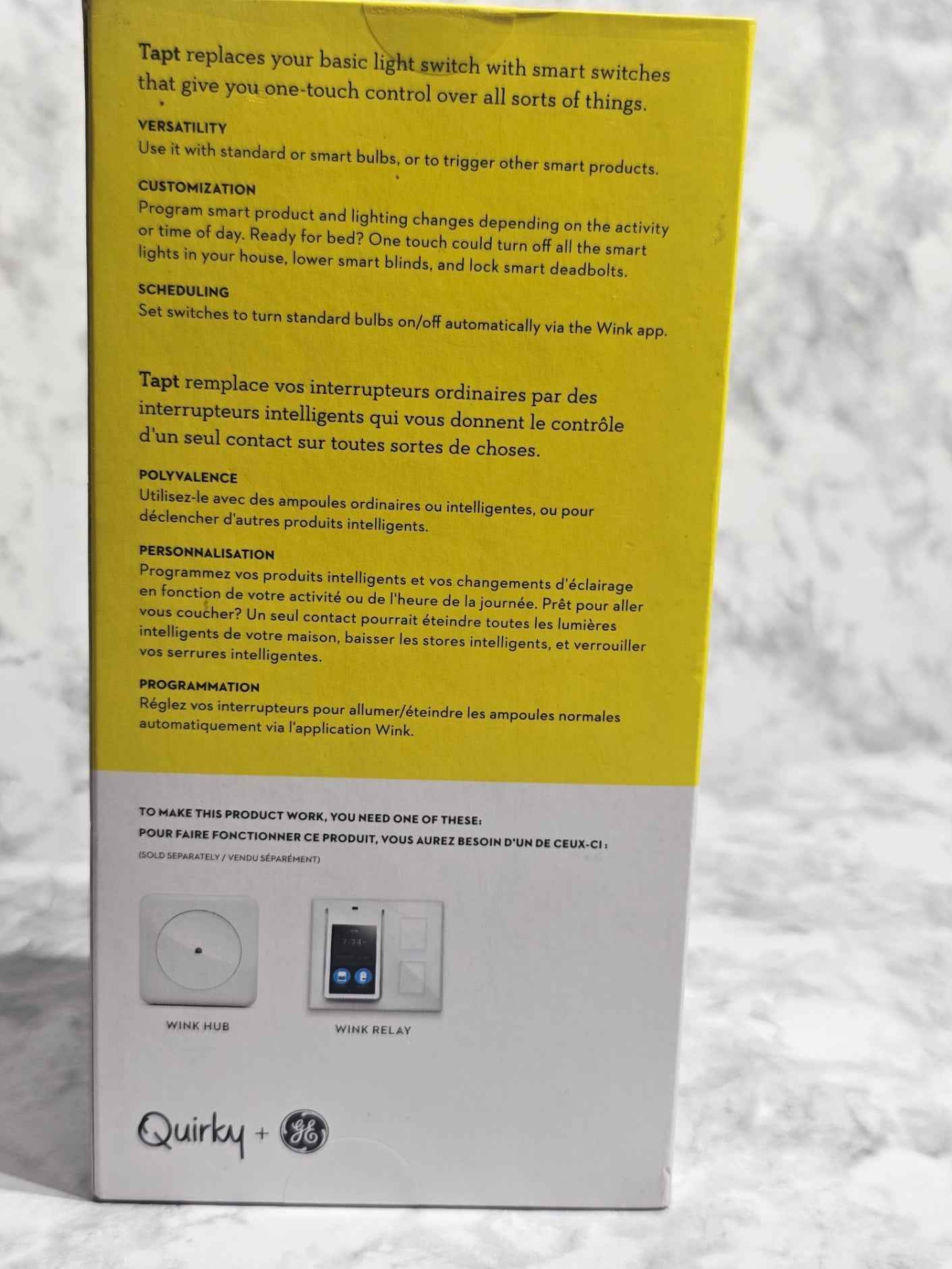 Product packaging with text and a small diagram on a textured white background