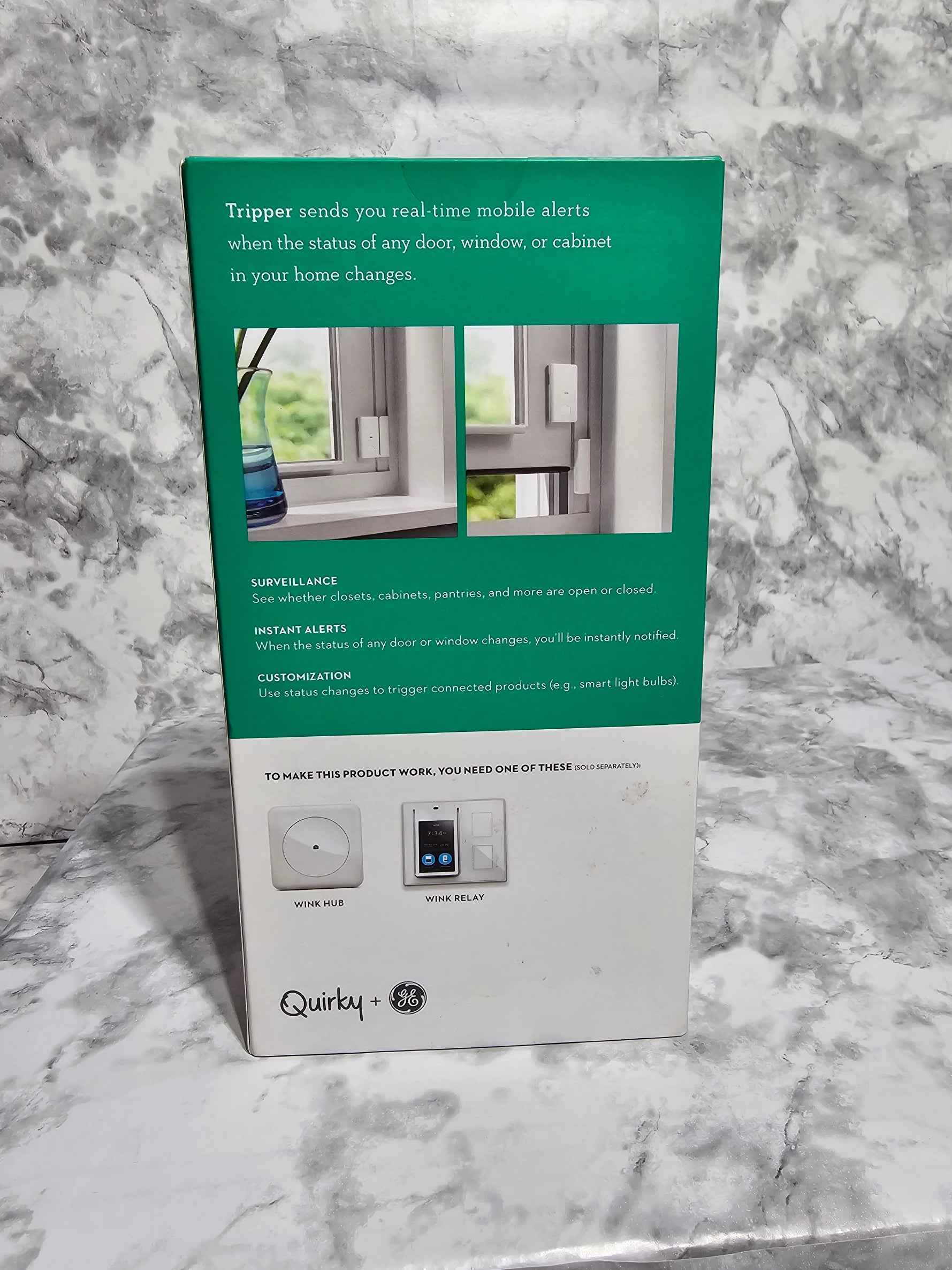 Product packaging on a marble surface