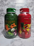 Actual shrink-wrapped Healthy Space Fruits and Veggies two-bottle package, 90 capsules each