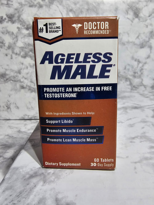 Box of 'Ageless Male' dietary supplement on a marble surface