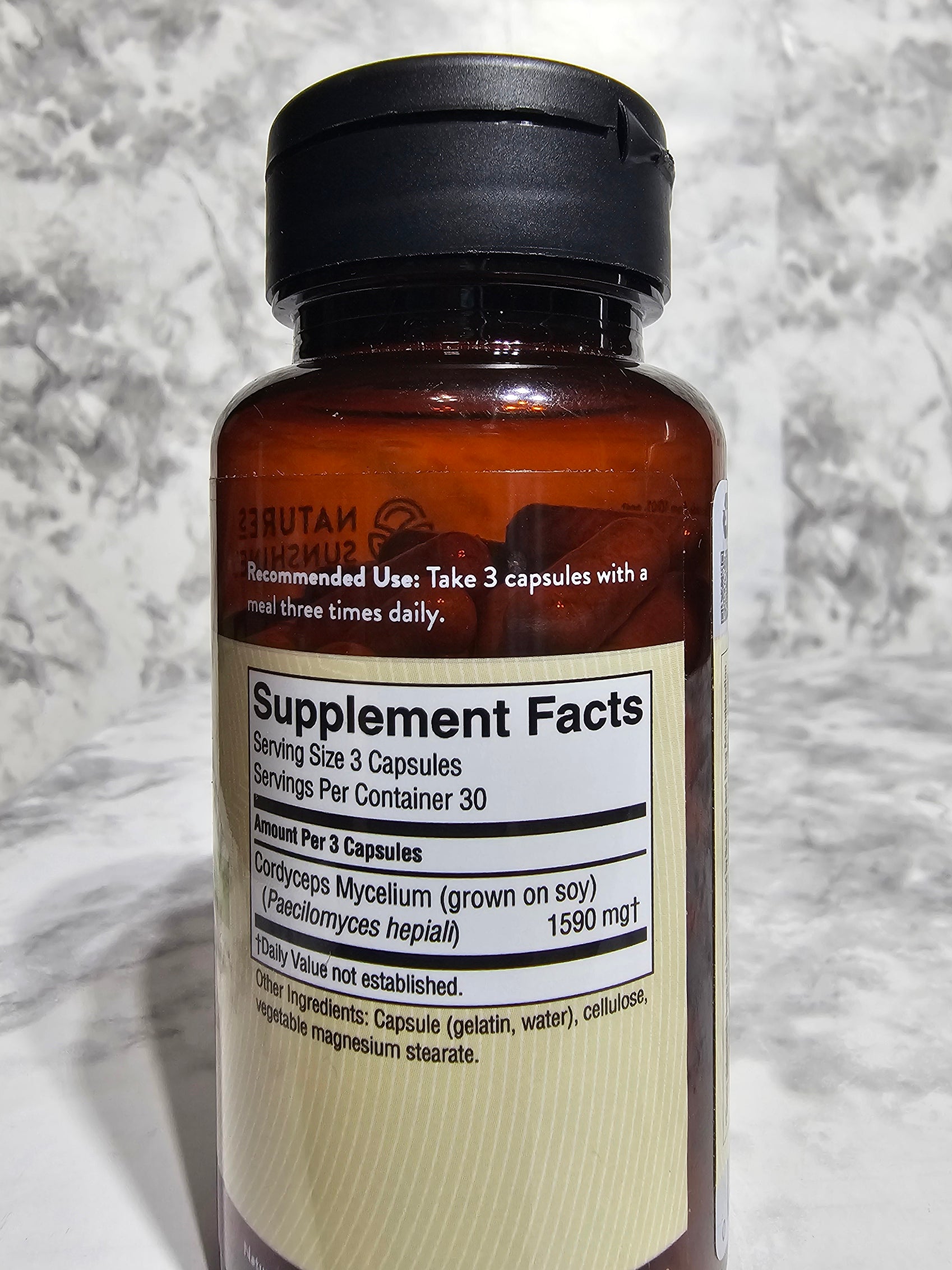 Nature's Sunshine Cordyceps 530mg mycelium herbal supplement capsules, 90-count bottle, natural health and energy support.