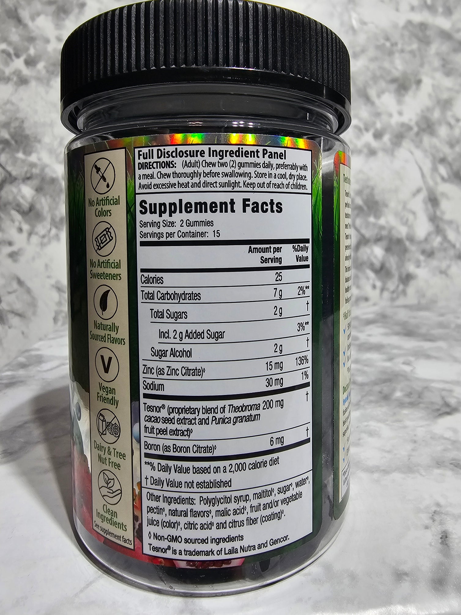 Supplement container with label on a marble surface