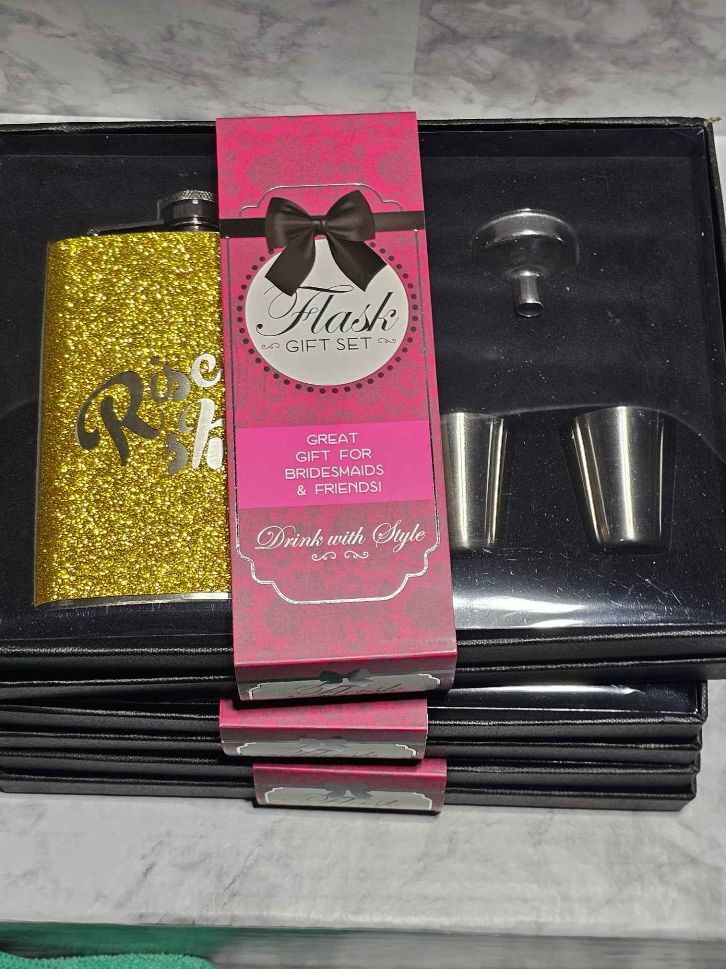 Stainless Steel Glitter Flask Gift Set - 8oz Bridesmaid Celebration Kit