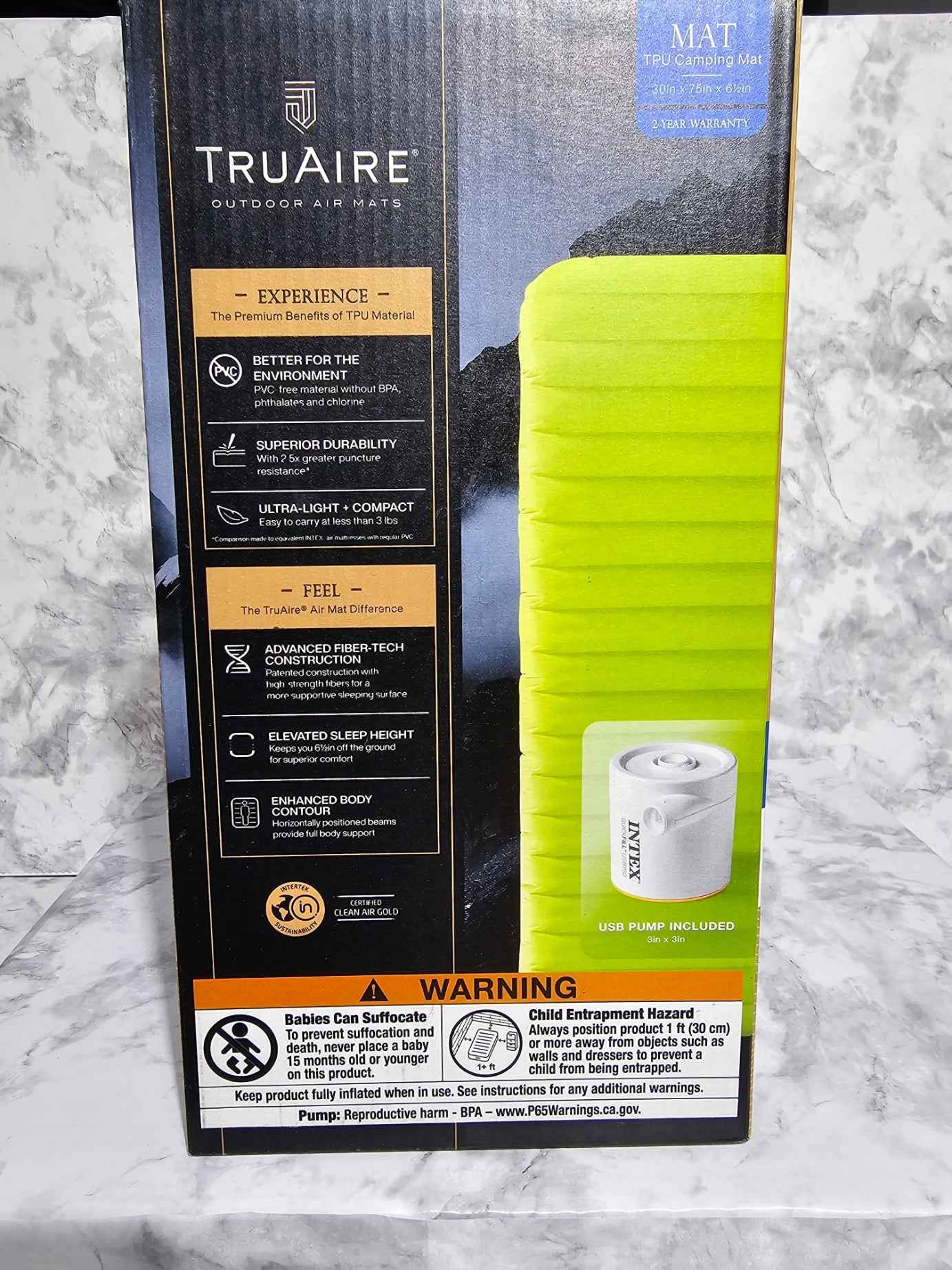 TruAire (Intex) TPU Camping Mat with USB Pump — 30" x 75" x 6.5"