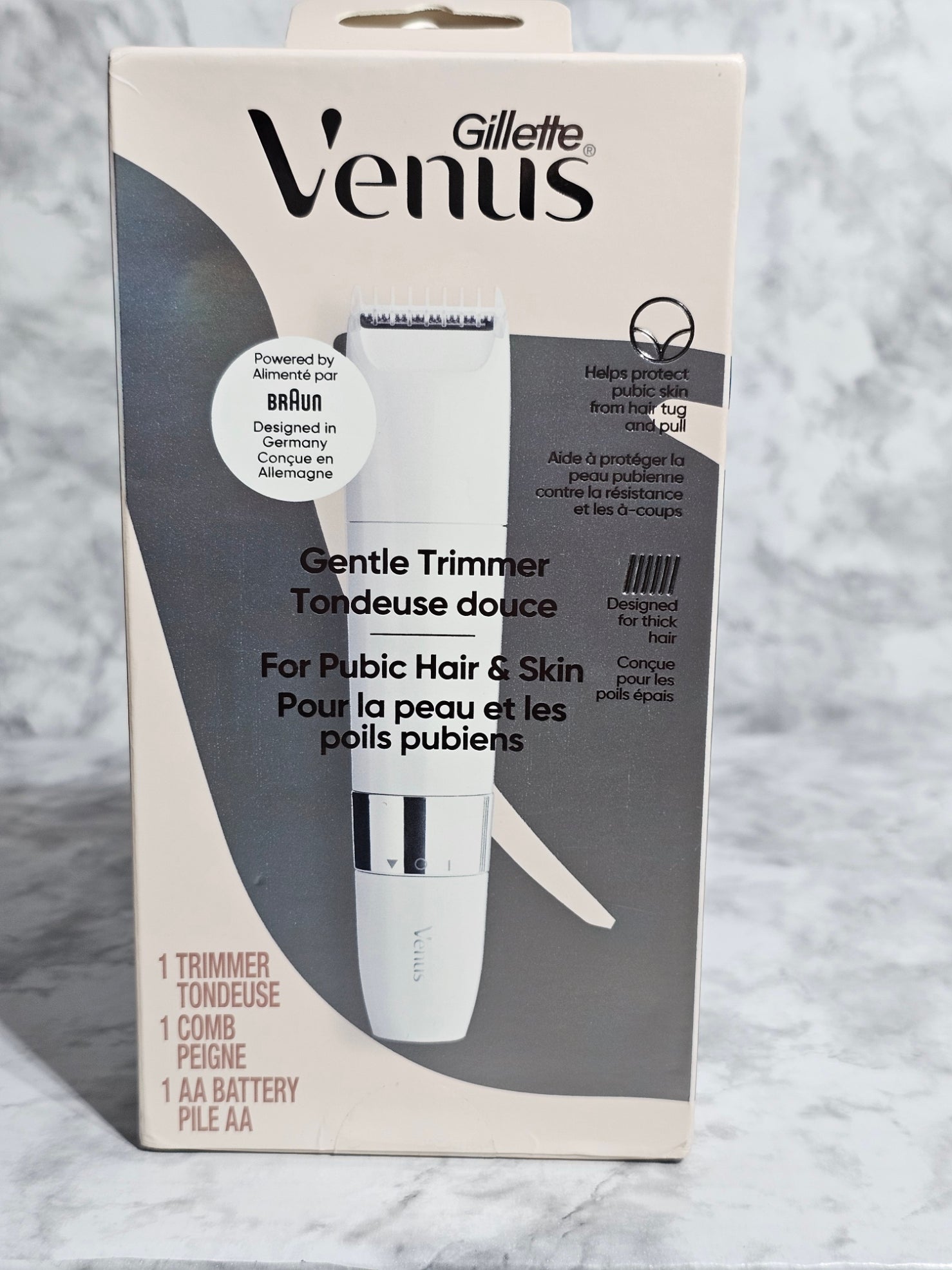 Gillette Venus Gentle Trimmer packaging on a marble surface