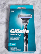 Actual stocked Gillette Mach3 razor handle with one cartridge included in the Custom Barber Box