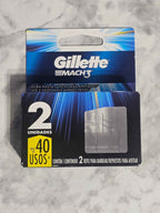 Actual stocked Gillette Mach3 two-count refill pack included in the Custom Barber Box