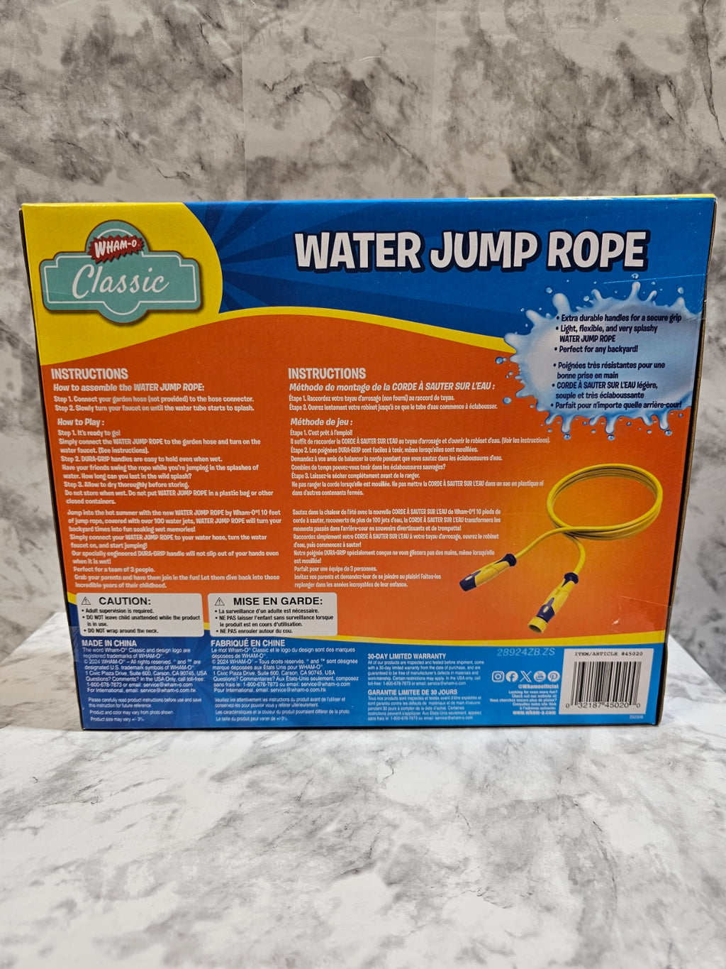Box of a water jump rope on a marble surface