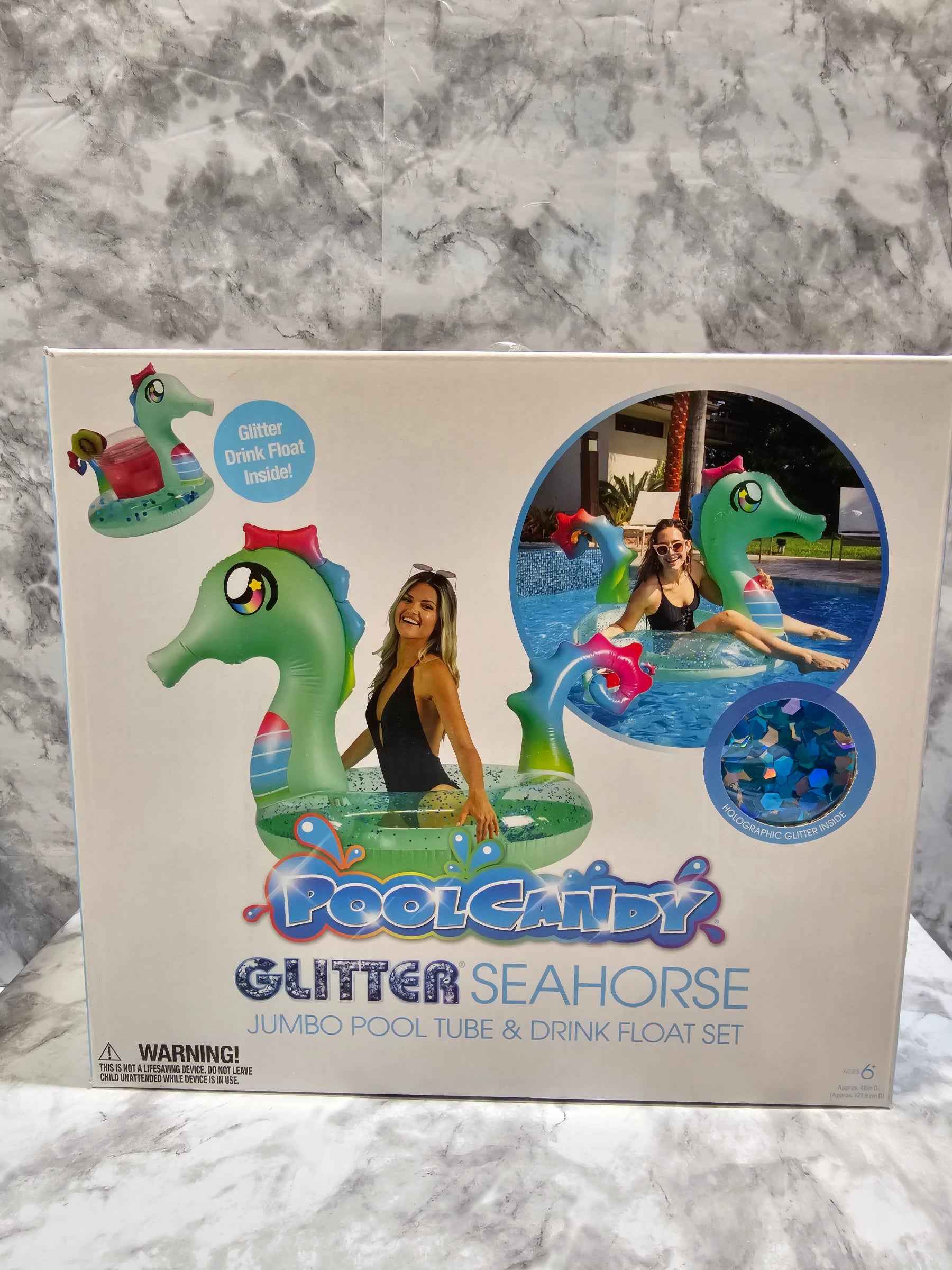 PoolCandy Glitter Seahorse Jumbo Pool Tube & Drink Float Set