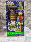Tiki torch bubbler toy packaging on a marble surface