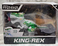 Actual boxed green Vivitar Robo King-Rex dinosaur, marked ages 8+, with visible package wear