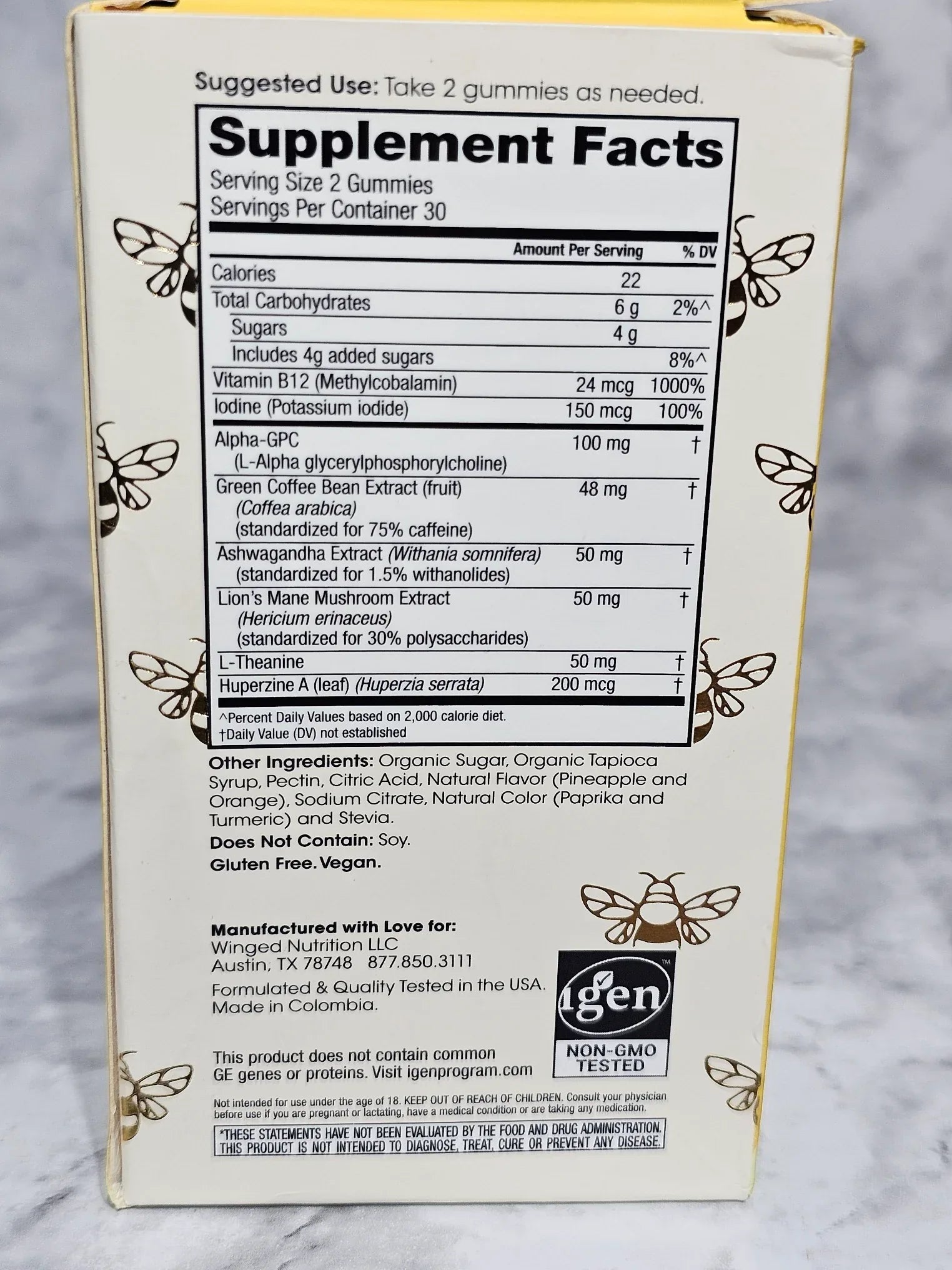 Supplement facts label on a box with a gray background