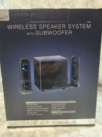 Box for a wireless speaker system with subwoofer on a light gray surface