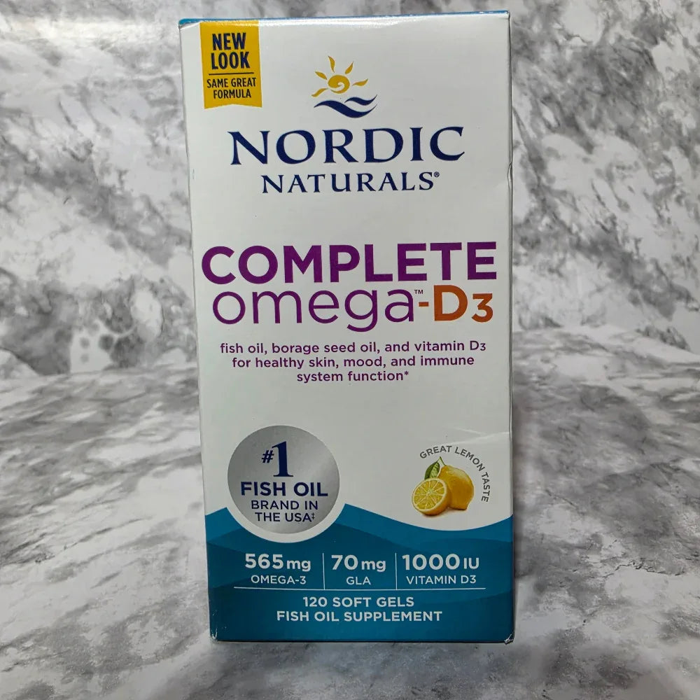 Nordic Naturals Complete Omega-D3 supplement box on a marble surface
