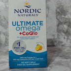Box of Nordic Naturals Ultimate Omega + CoQ10 supplement on a marble surface