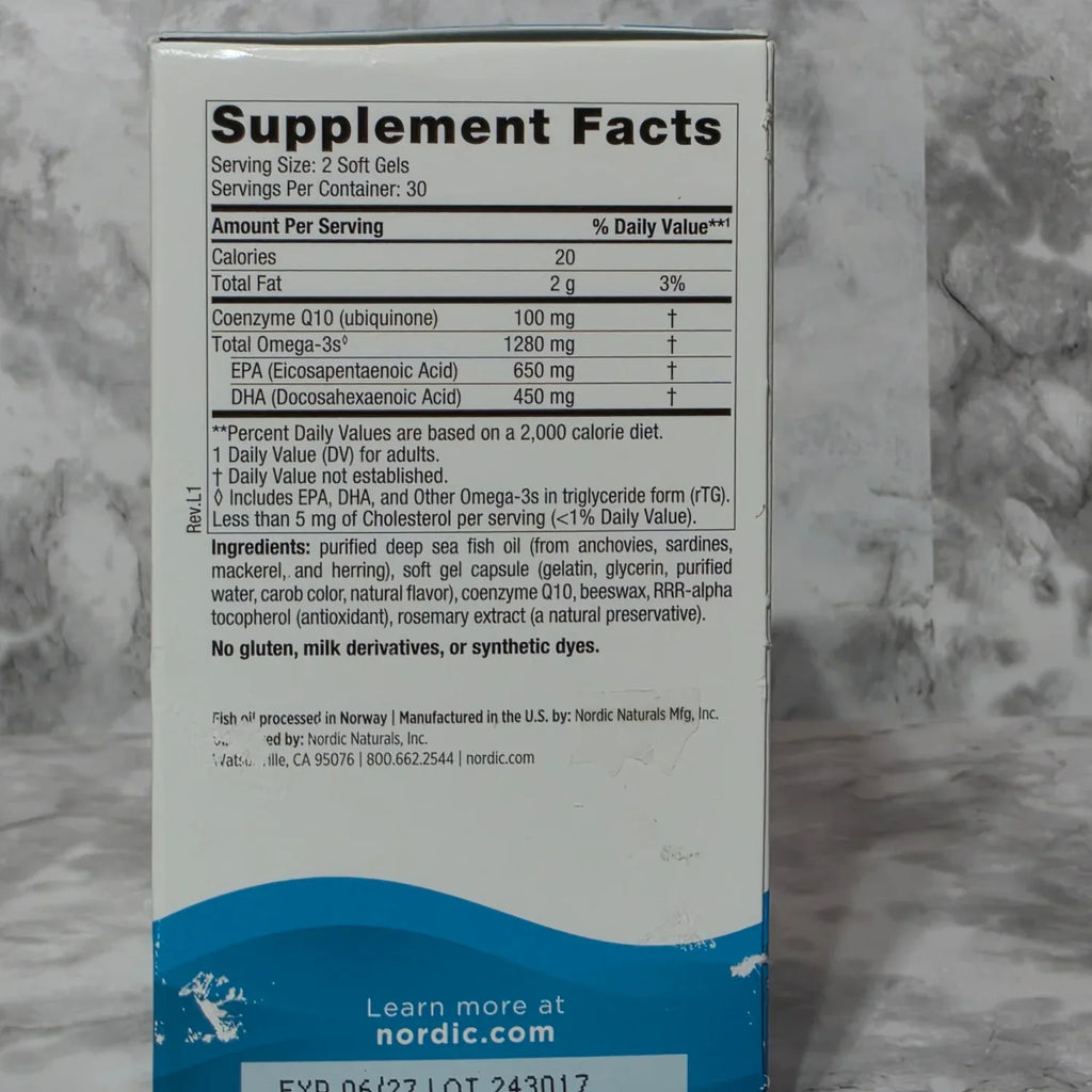 Supplement facts label on a Nordic supplement container with a marble background