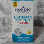 Nordic Naturals Ultimate Omega + CoQ10 supplement box on a marble surface