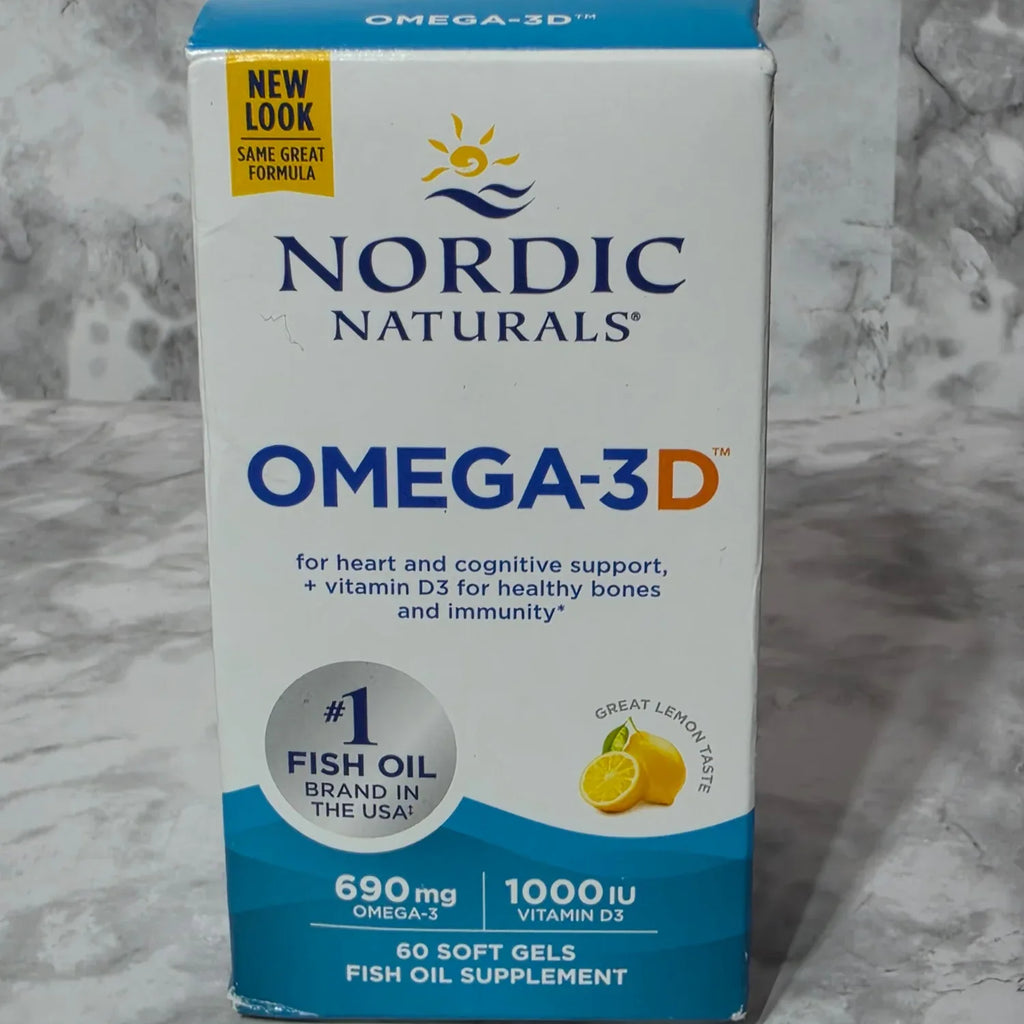 Nordic Naturals Omega-3D supplement box on a marble surface