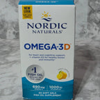 Nordic Naturals Omega-3D supplement box on a marble surface