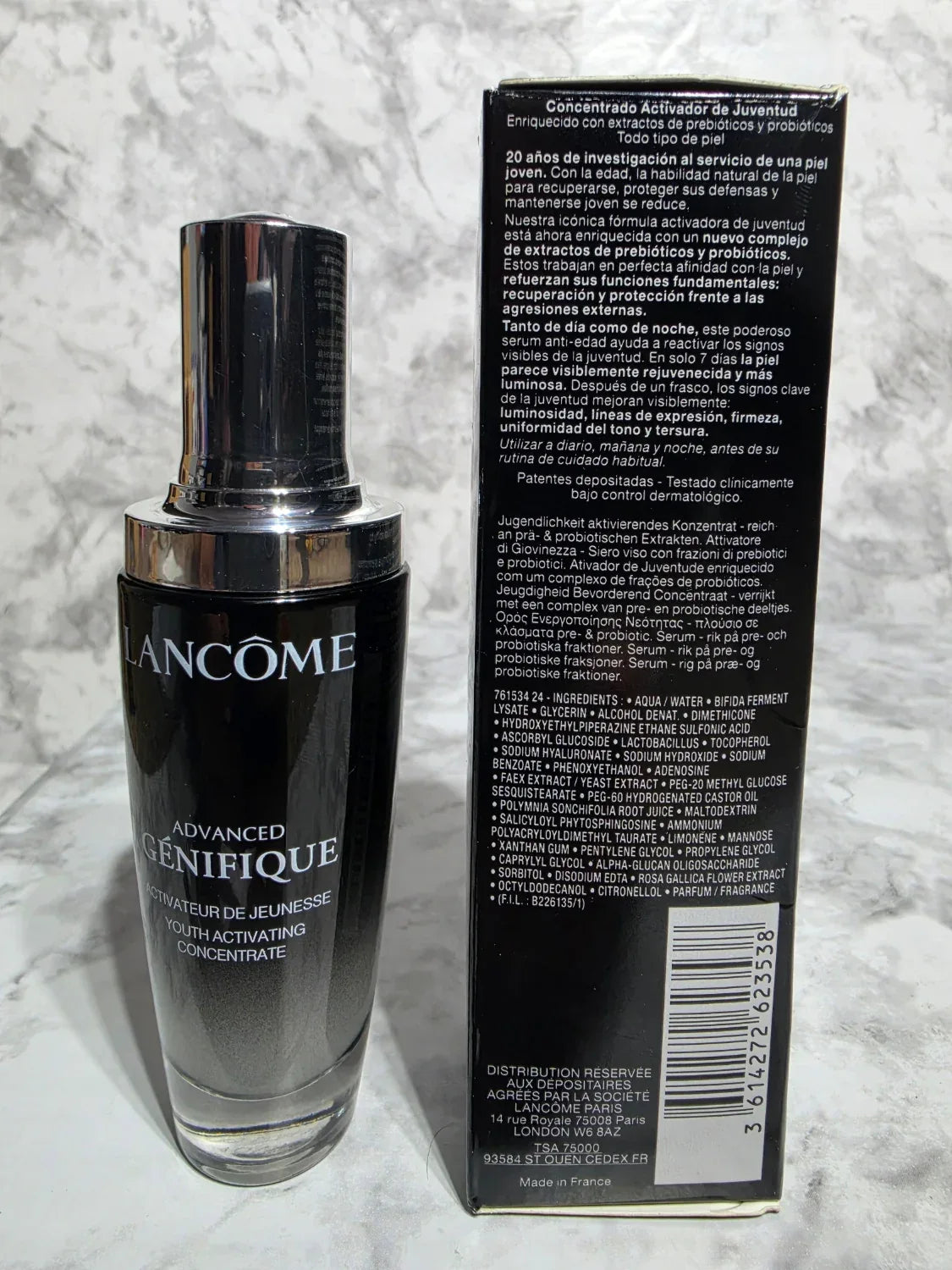 Lancème skincare product and packaging on a textured surface