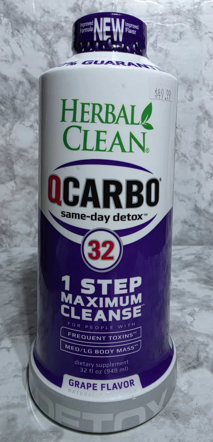 Herbal Clean Qcarbo supplement bottle on a gray marble surface
