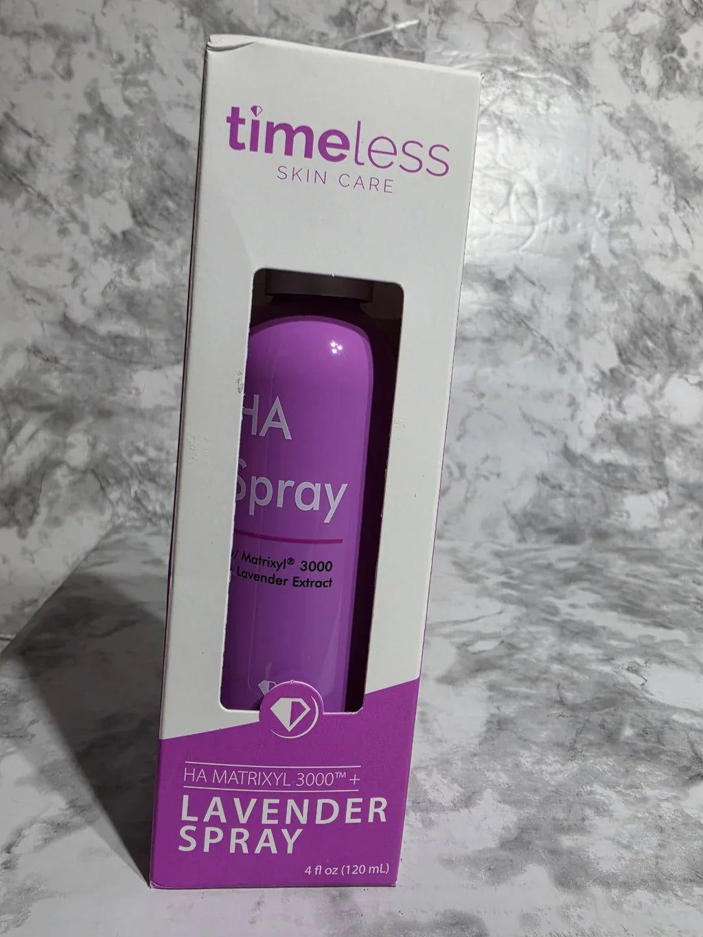 Timeless Lavender spray packaging on a marble surface