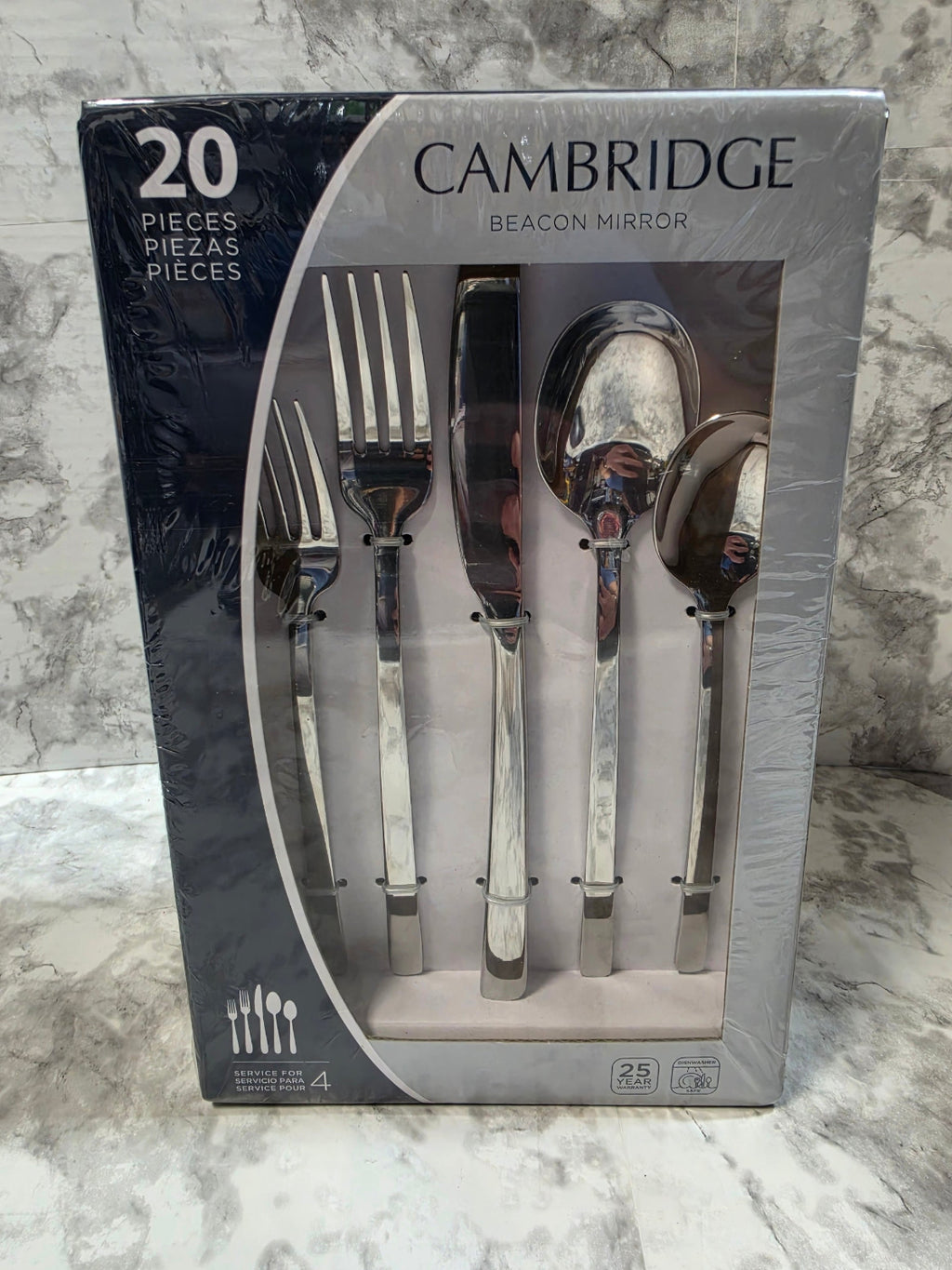 Cambridge cutlery set packaging on a marble surface