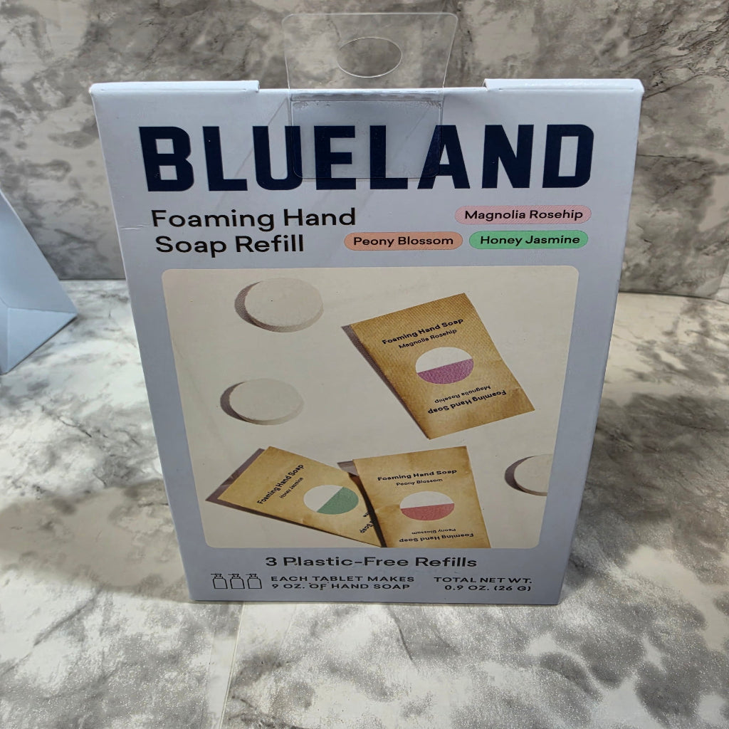 Blueland foaming hand soap refill packaging on a marble surface