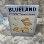 Blueland foaming hand soap refill packaging on a marble surface