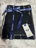 Dockers black knit beanie and plaid scarf gift set in branded box with navy ribbon