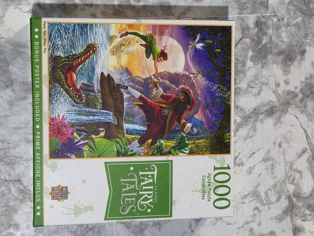 Jigsaw puzzle box with 'Fairy Tales' theme on a marble surface