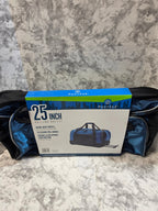 Blue duffel bag with packaging labeled '25 Inch' on a marble surface