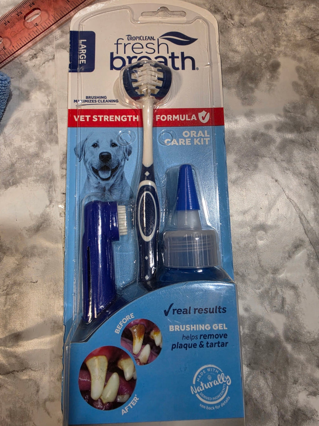 Pet dental care kit with toothbrush, gel, and tools on a textured surface