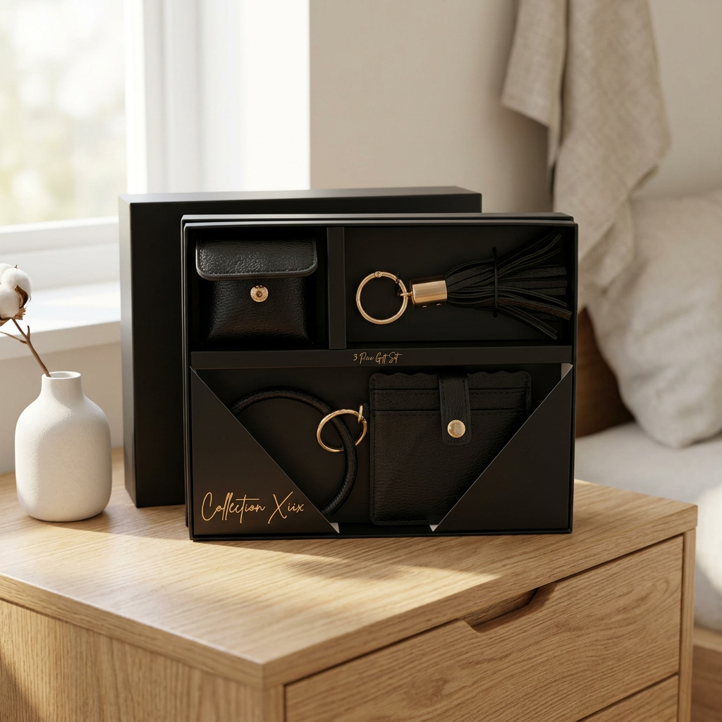 AI-staged scene: Collection XIIX black three-piece gift set in original box on a light oak dresser; props not included.